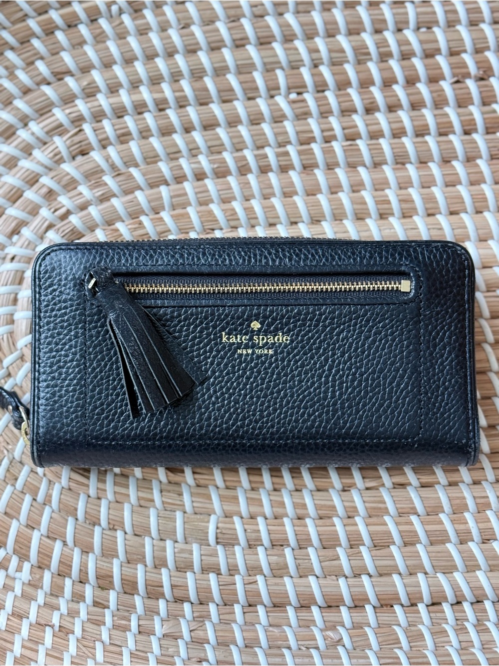 Kate Spade Black Pebbled Leather Zip Wallet with Tassel